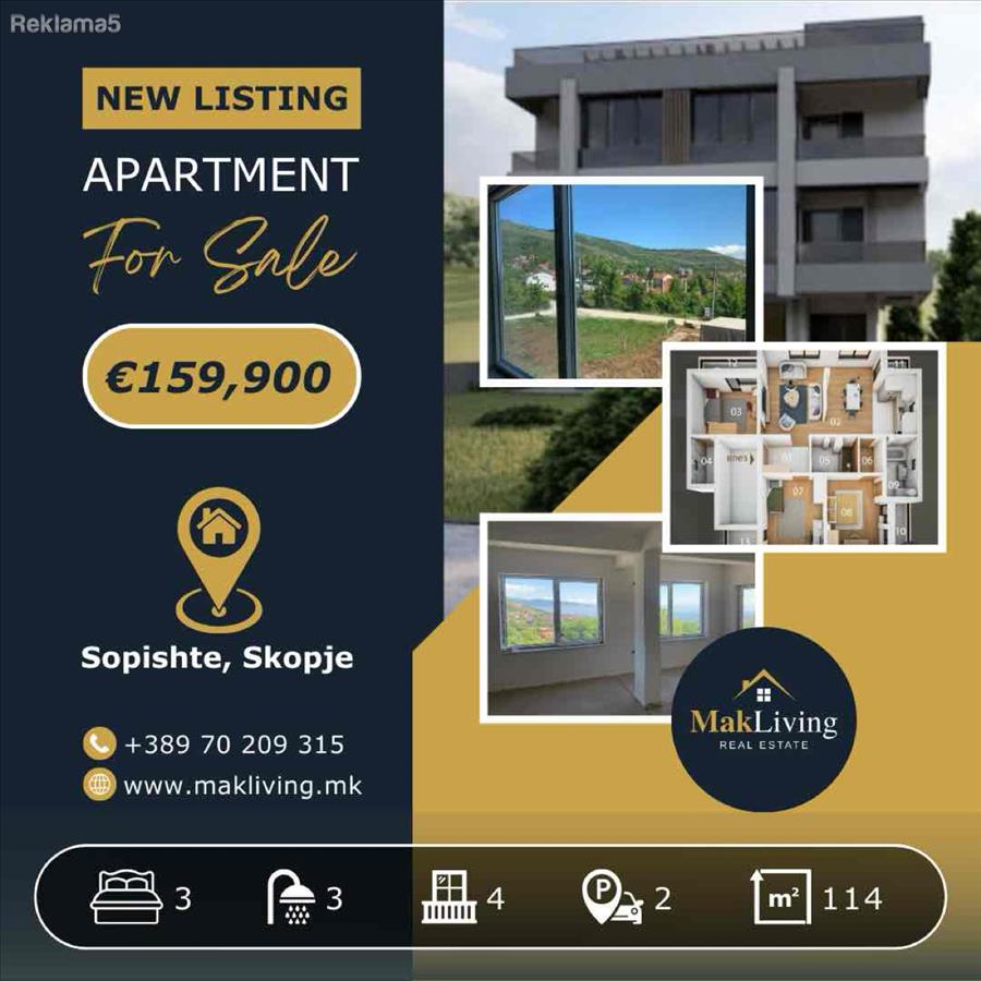 3 bedroom apartment with 4 balconies plus parking in Sopishte
