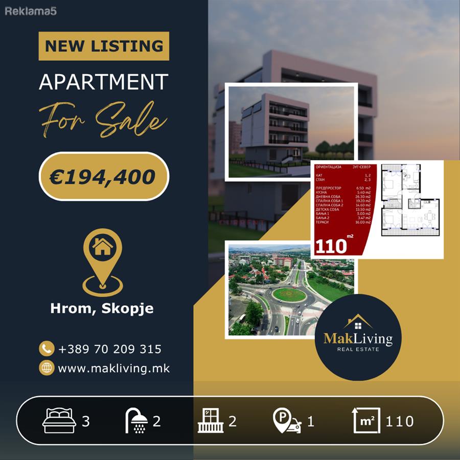 Apartment (110m2) with 3 bedrooms, 2 balconies and parking in Chrom