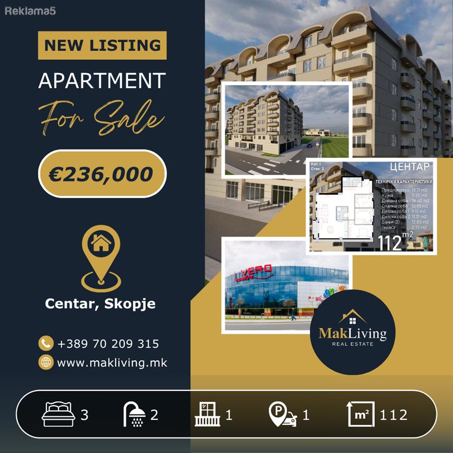 Apartment 112m2 with 3 bedrooms in Center Skopje