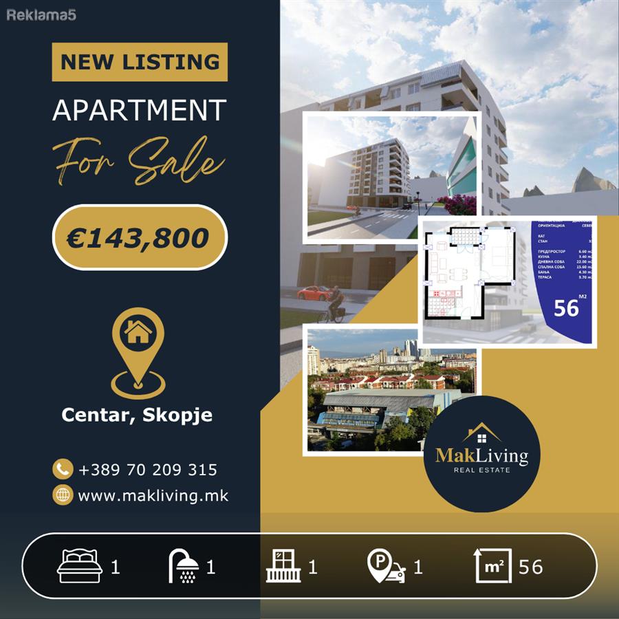 Apartment with 1 bedroom, balcony and parking in Centar, Skopje