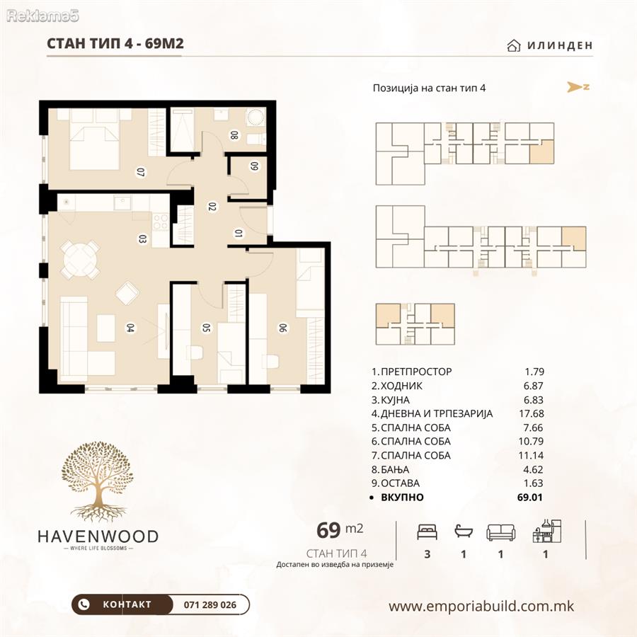 Four-room apartments from 69m² to 77m² in the neighborhood of Ilinden