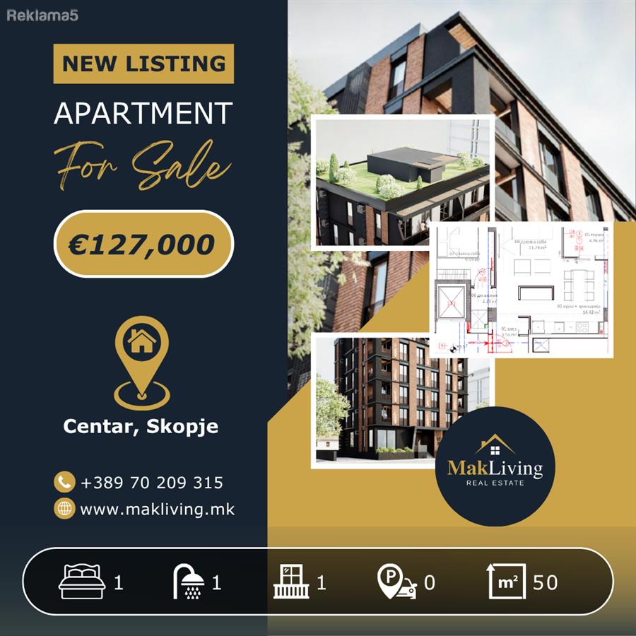 FOR SALE | Two-room apartment 50m2 in Centar, Skopje