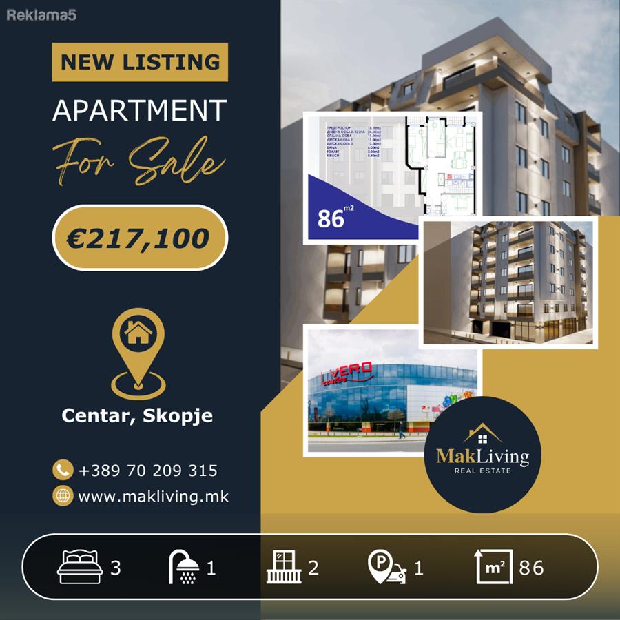 New 3 Bedroom Apartment | 86m² | Center Skopje