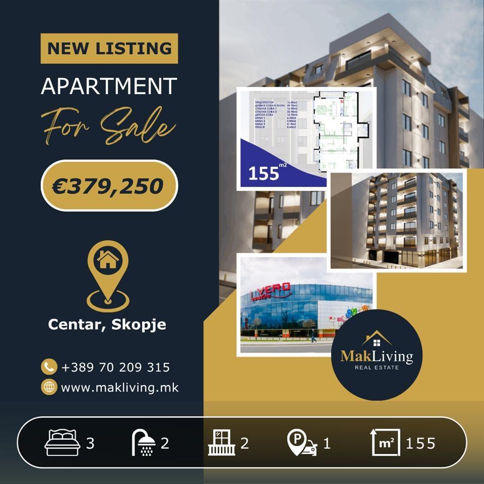New spacious 3 bedroom apartment | 155м² | Center Skopje