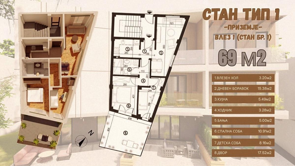 Apartment 69 m2 + Own yard, terrace of 17.52 m2