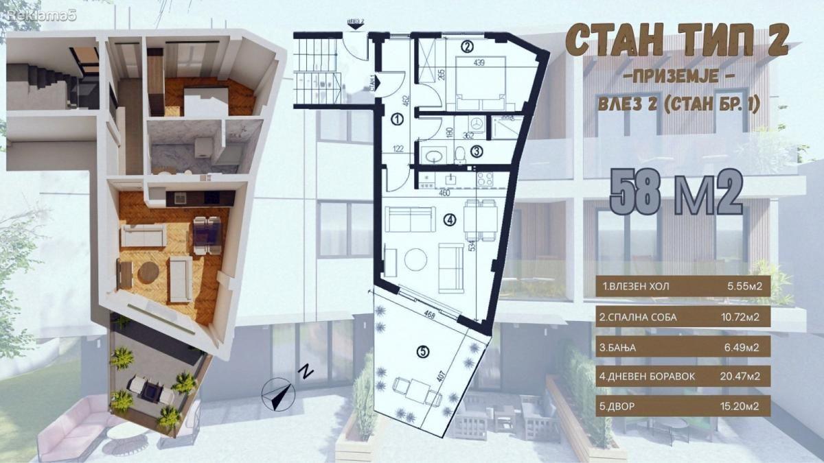 Apartment 58 m2 with own yard 15.20 m2