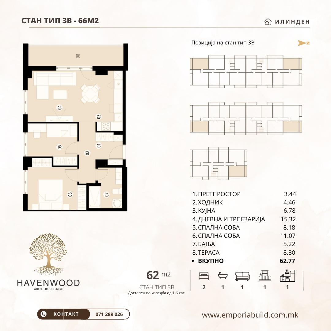 Three-room apartments from 54m² to 69m² in the neighborhood of Ilinden
