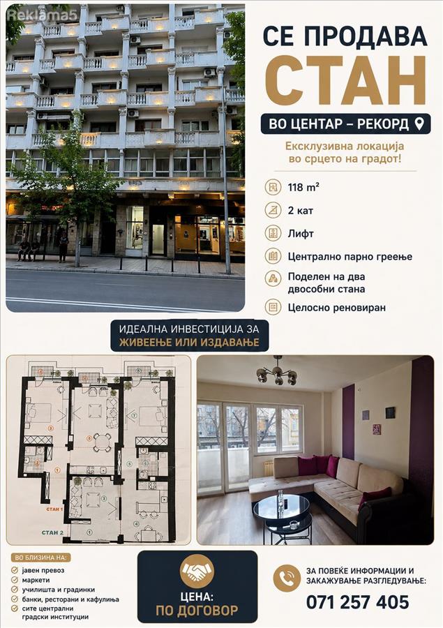 Center record, square 118m2 renovated apartment