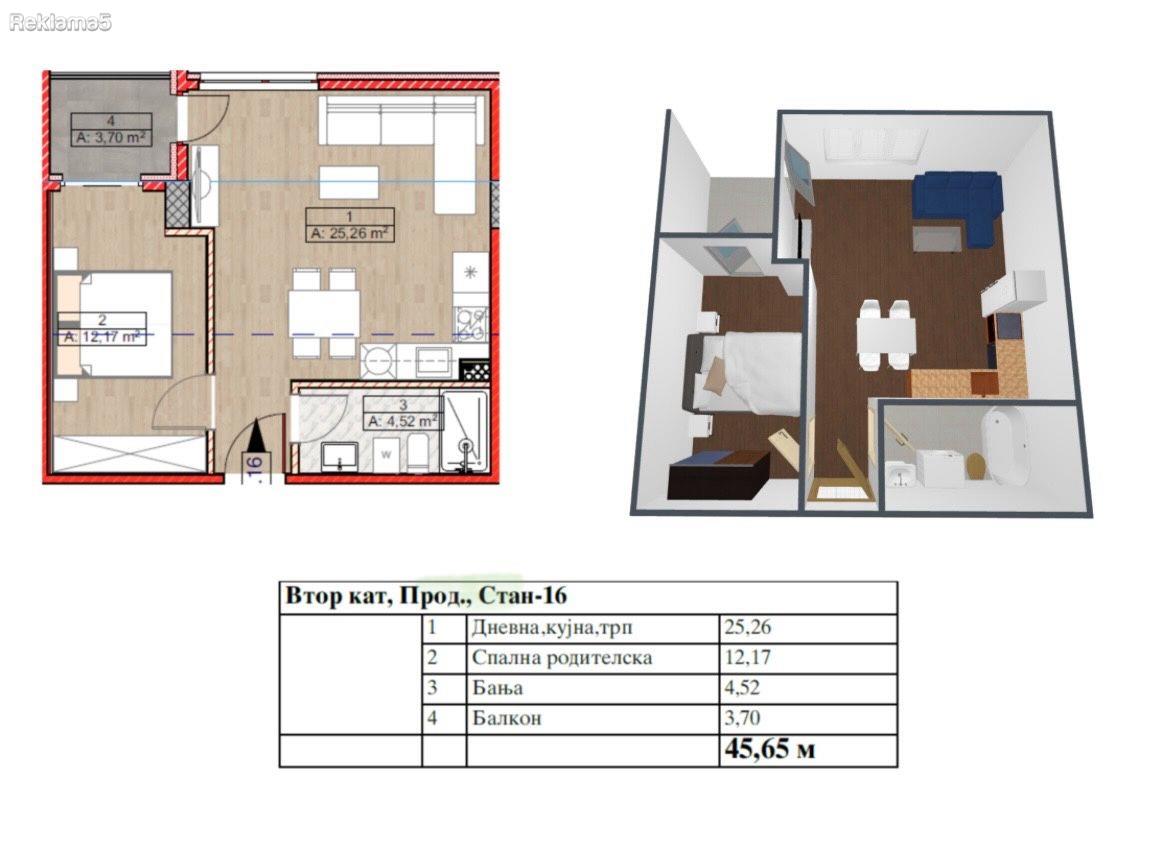 Apartment for sale of 46m², on the 2nd floor in Kisela Voda
