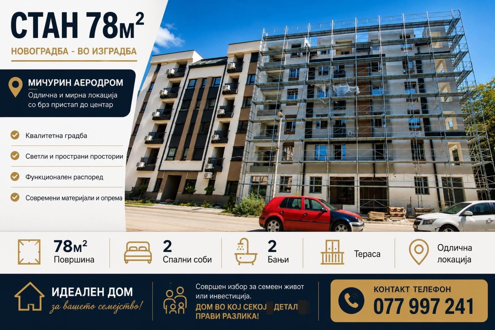 Three-room apartment 78m2 for sale in Michurin, Airport + garage