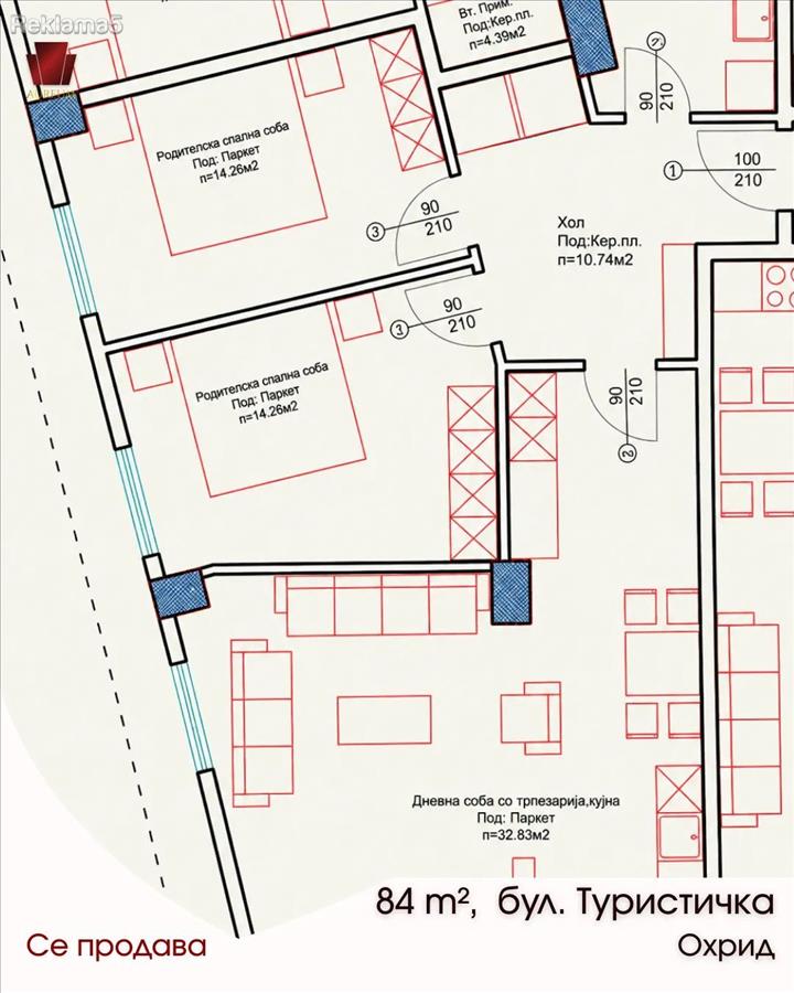 For sale an apartment with an area of 84 m², with a functional floor plan